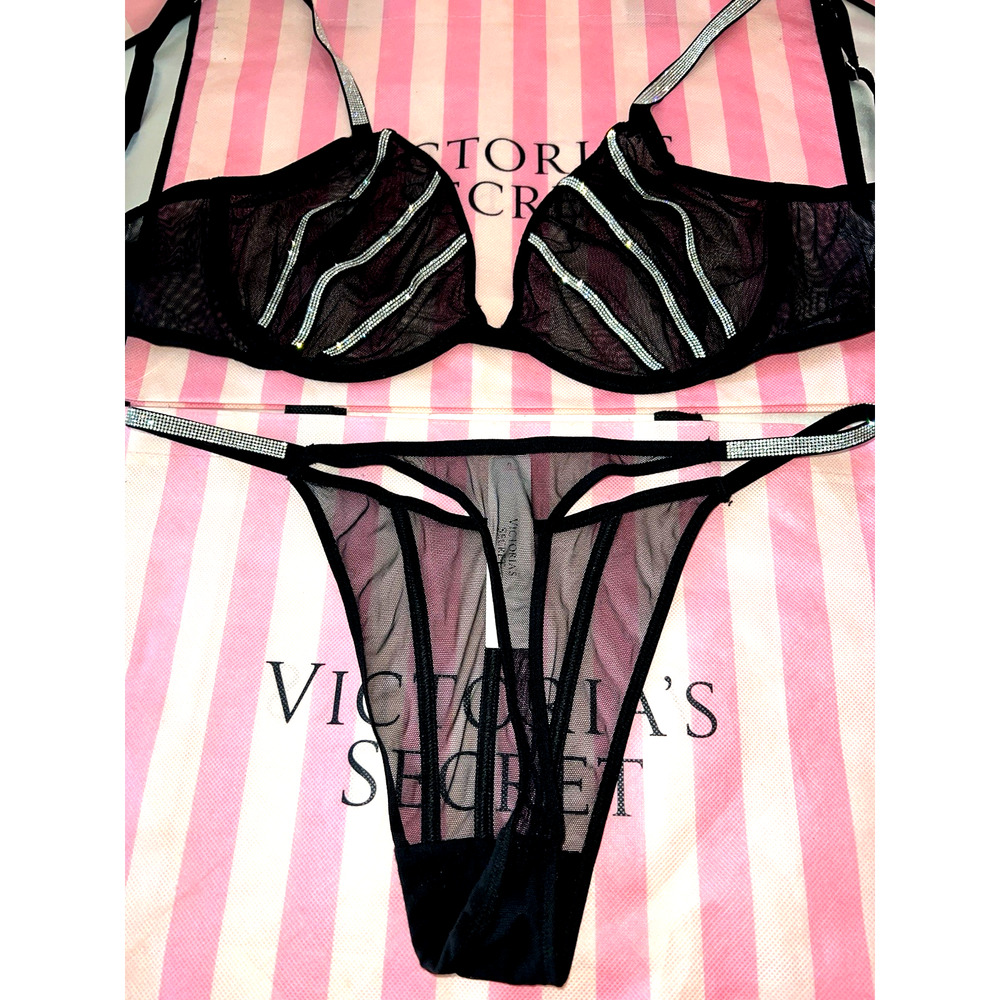 Victorias Secret Bra Very Sexy Low Cut Demi Black Bling 36D Large Panty - Picture 2 of 4